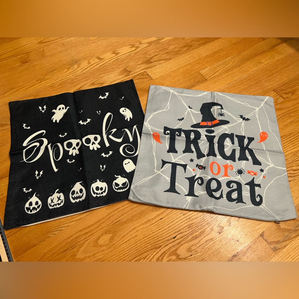 2 Halloween Themed Trick or Treat and Spooky pillow covers 18x18